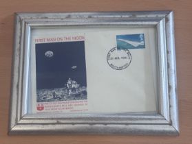 First Man on the Moon FDC. 21/6/1969 Southampton FDI postmark. Framed to approx size 8x6inch. Good