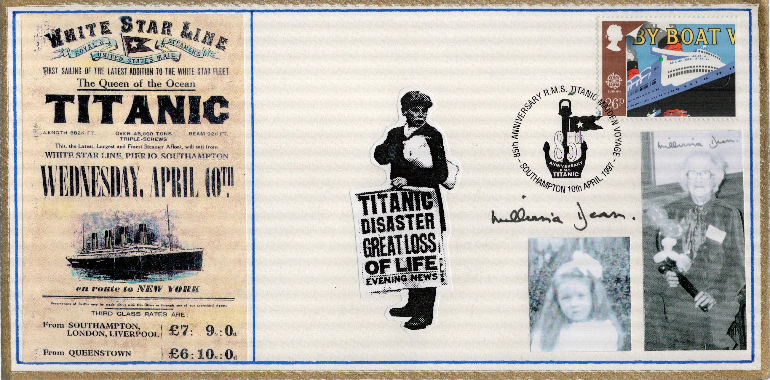 Titanic survivor Millvina Dean signed 1997 85th ann RMS Titanic cover with pictures related fixed to