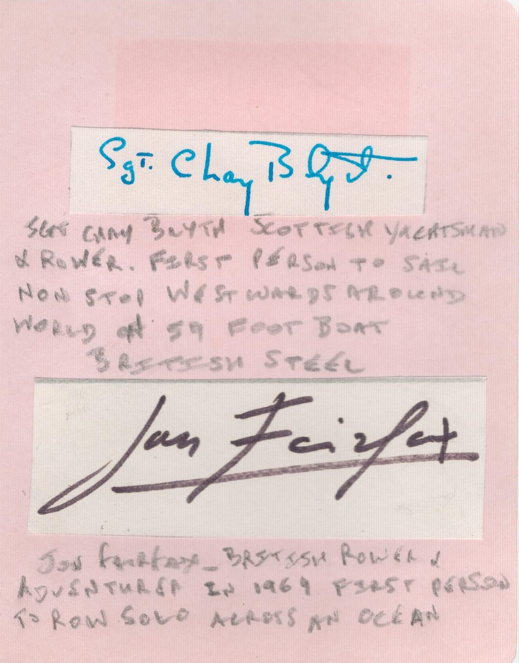 Nautical legends Chay Blyth and John Fairfax autographs fixed to autograph album page with pencil