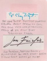 Nautical legends Chay Blyth and John Fairfax autographs fixed to autograph album page with pencil