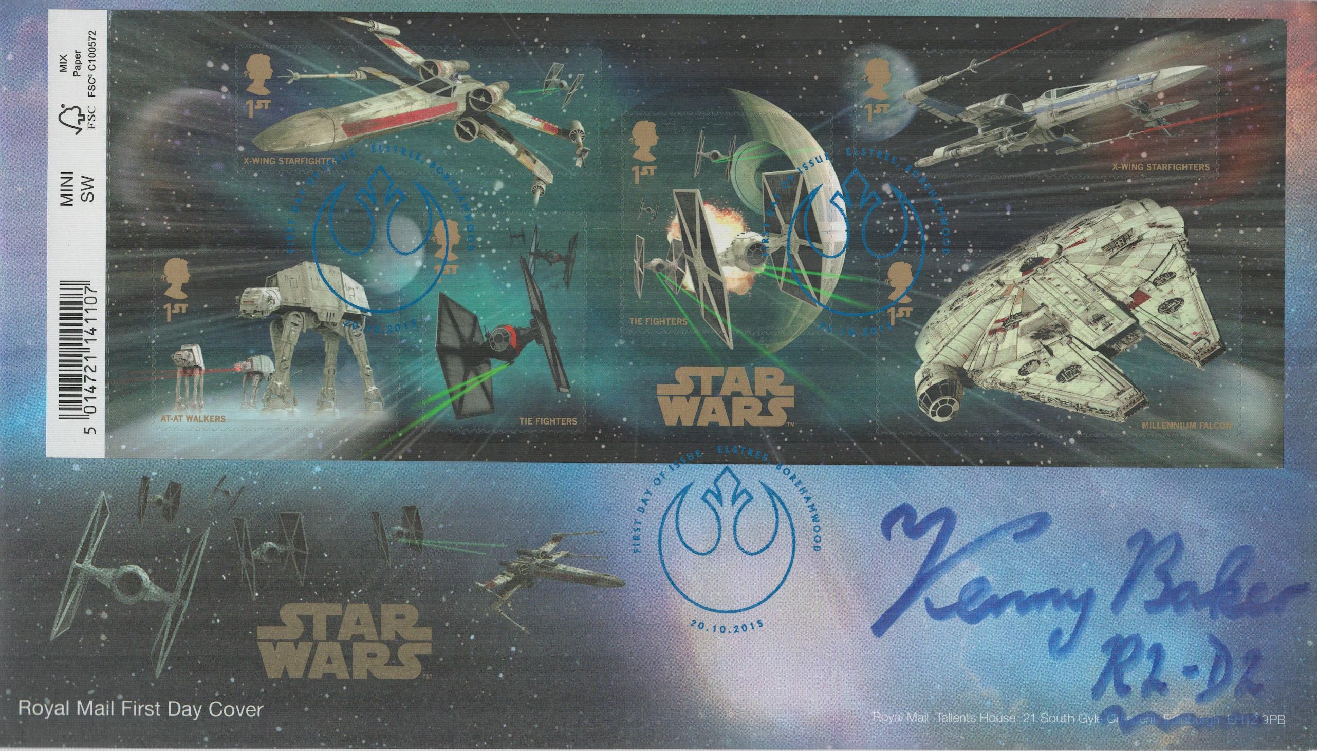 Star Wars R2D2 actor Kenny Baker signed 2015 Star Wars FDC with superb miniature action stamp