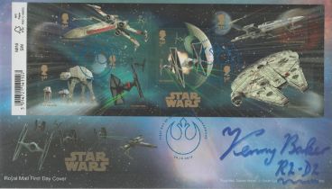 Star Wars R2D2 actor Kenny Baker signed 2015 Star Wars FDC with superb miniature action stamp