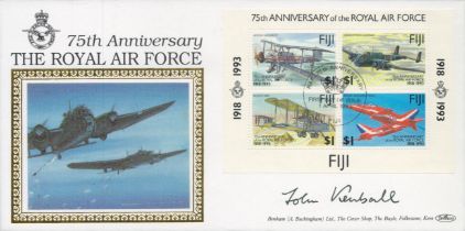 Air Marshall Sir John Kemball signed lovely silk illustrated 75th ann Benham official FDC, Fiji.