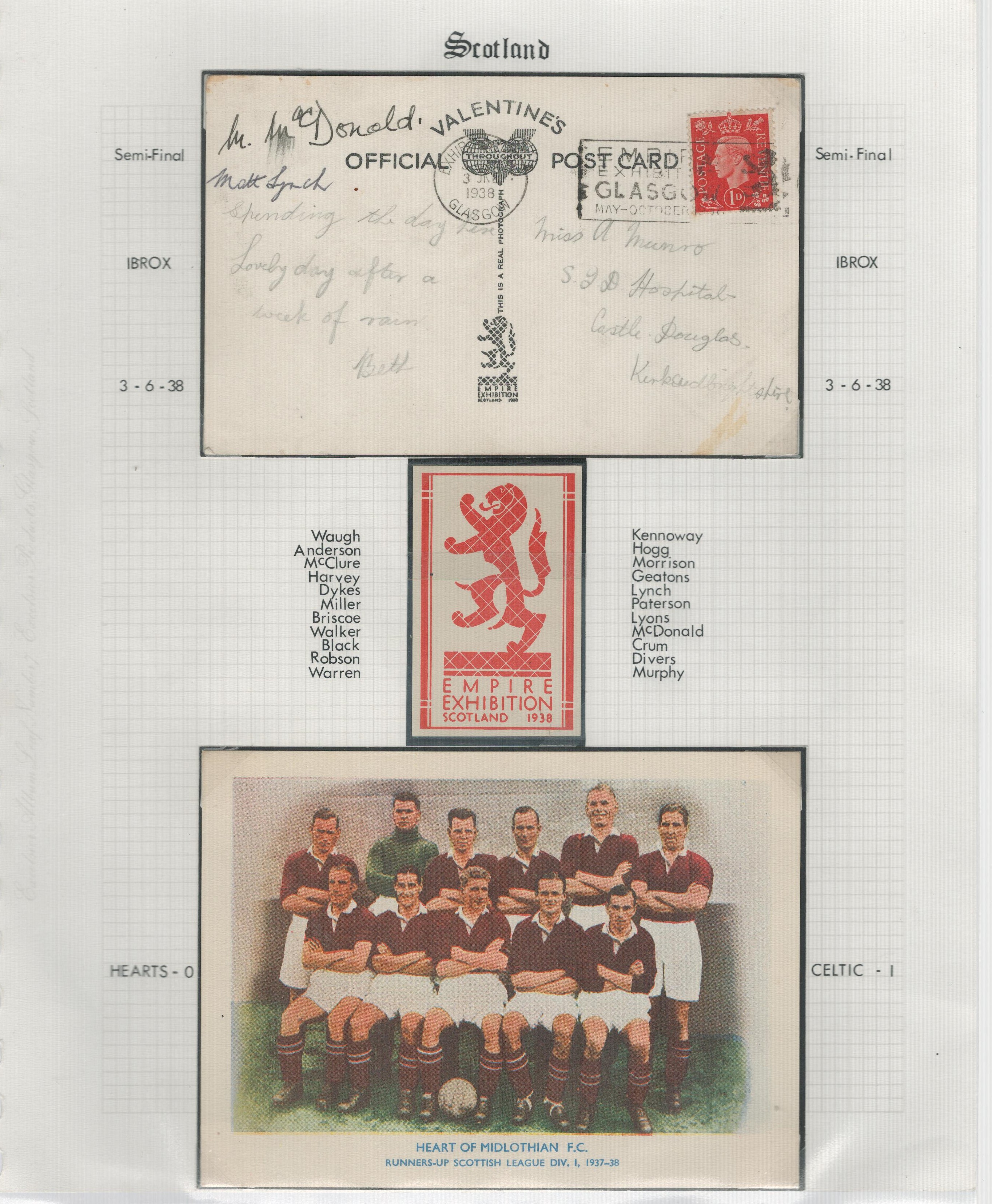 Football Celtic 1938 Malcolm MacDonald Matt Lynch signed Hearts postcard display. 3/6/1938 match day