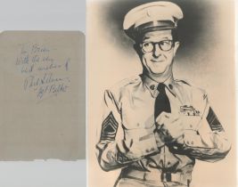 Sgt Bilko Phil Silvers card To Brian with 10 x 8 sepia Bilko unsigned photo, card inscribed Sgt