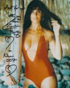 Caroline Munro James Bond actor signed super sexy 10 x 8 inch colour red swim suit photo. Rare,