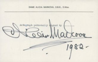 Ballet legend Dame Alicia Markova signed white personal stationary card dated 1982. Dame Alicia