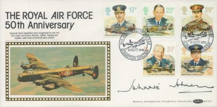 Top WW2 ace AVM Johnnie Johnson DSO DFC signed rare 1985 Benham official 50th ann RAF silk