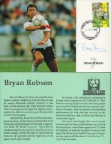 Football legend Bryan Robson signed scarce 1990 World Cup PHQ card Nevis, with matching stamp and