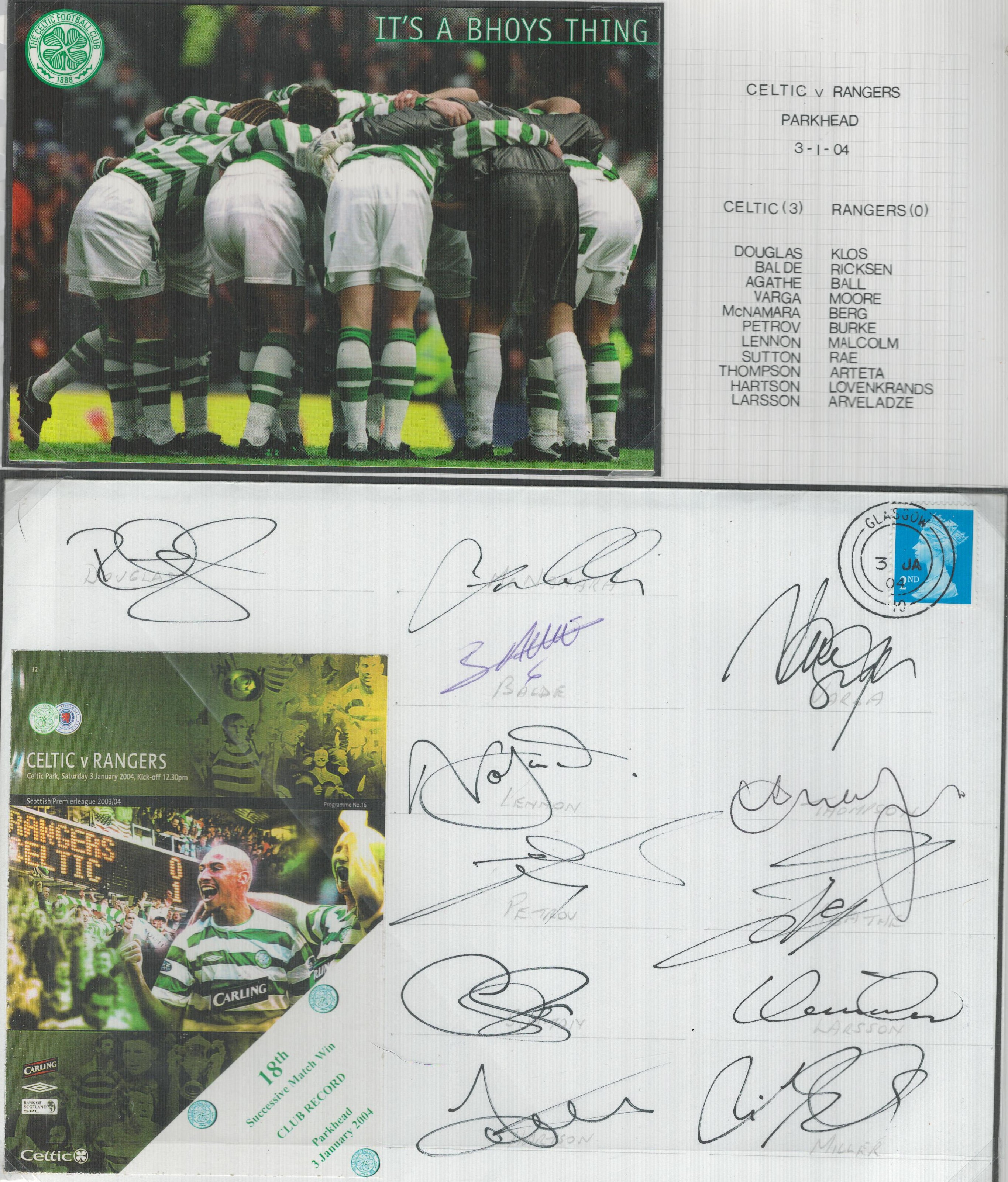 Football Celtic 12 team 2004 Rangers 18th match win multiple signed cover. Celtic won 3-1. 3/1/04