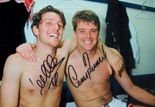 Football Man Utd Players Gary Pallister and Lee Martin signed 12 x 8 colour photo. Good condition.
