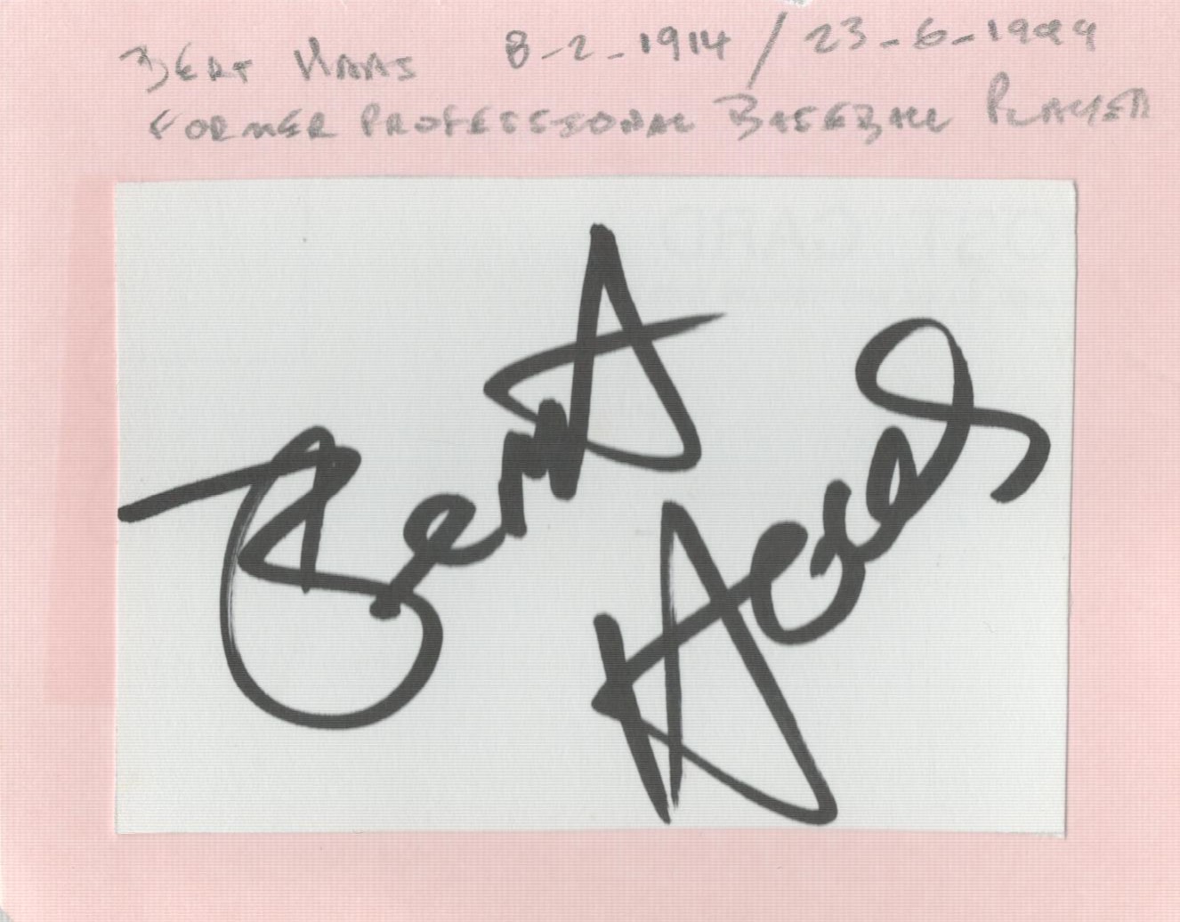 Rare 1930s Baseball legend Bert Haas signed card fixed to autograph album page. Berthold John
