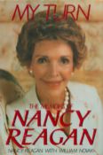 US First Lady Nancy Regan signed Harrods bookplate inside hardback book My Turn. ISBN 0 297 79677 1.