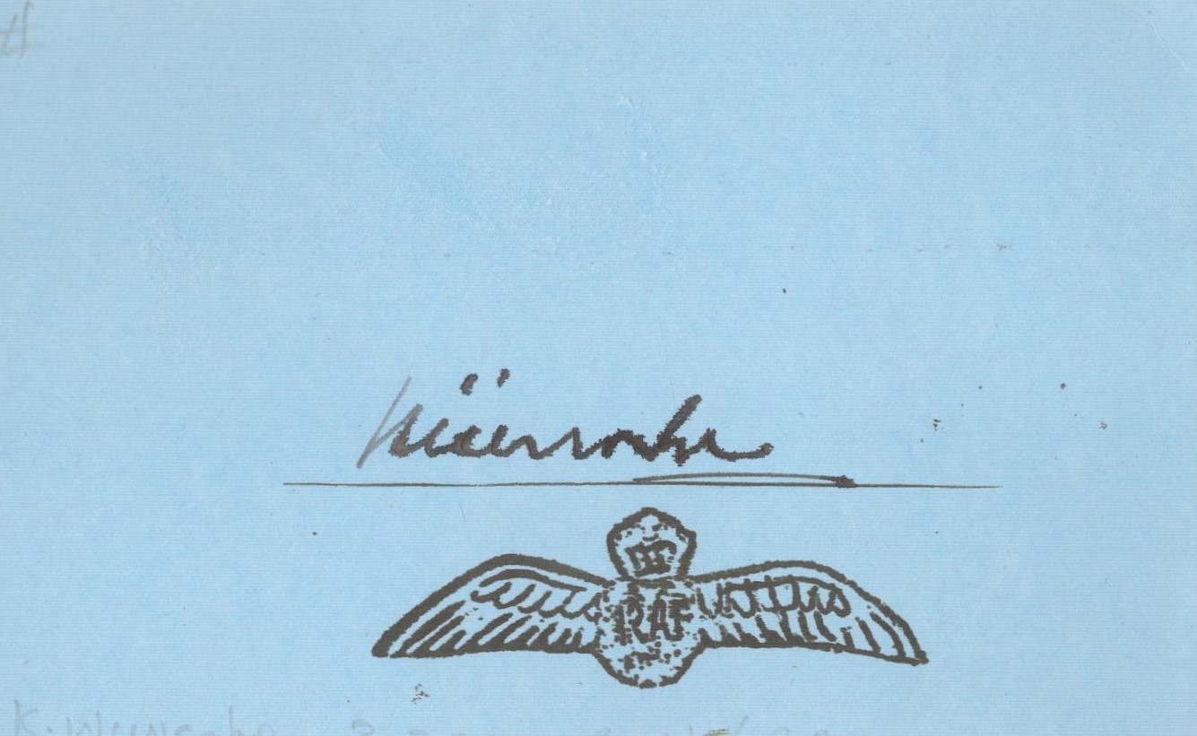 WW2 very rare Battle of Britain pilot Kazimierz Wunsche 303 Sqn signed blue card with RAF logo.