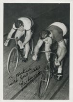 Cycling Legend Reg Harris signed vintage 6 x 4 inch b/w action photo to Michael. Good condition. All