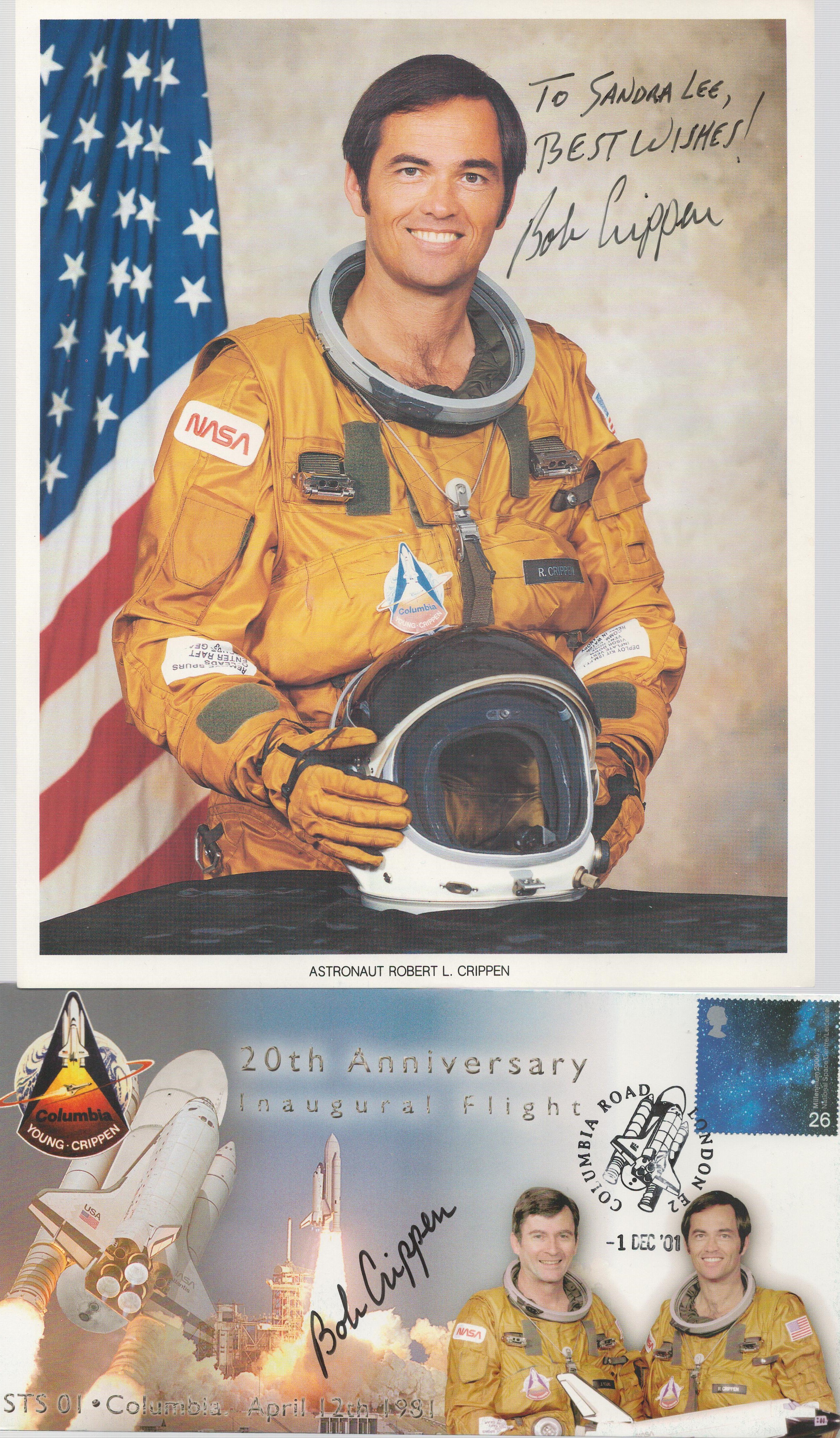 Space Astronaut Bob Crippen signed collection. 2001 20th ann STS1 signed cover plus 10 x 8 colour