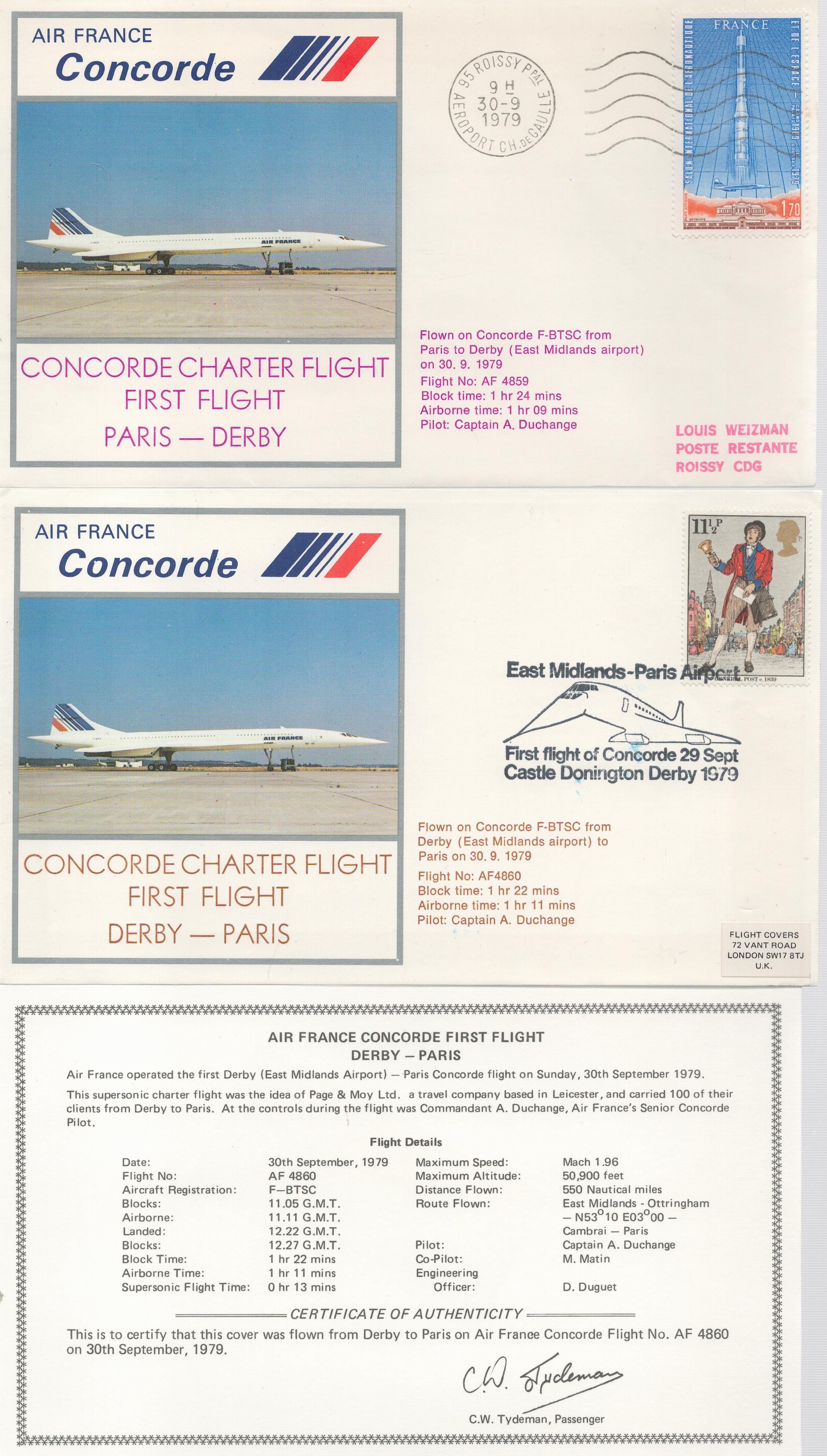 Concorde scarce pair of Air France first flight covers Paris - Derby, Derby Paris 1979, flown on the