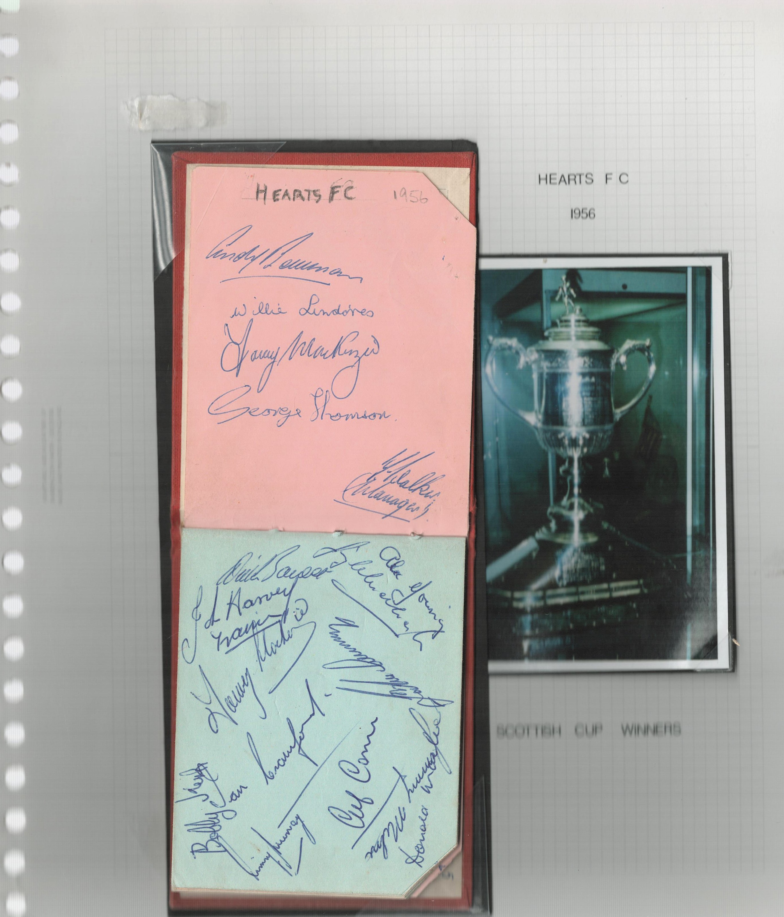 Football Hearts 1956 Scottish Cup winners 17 autographs in autograph album. Includes Tommy Walker,