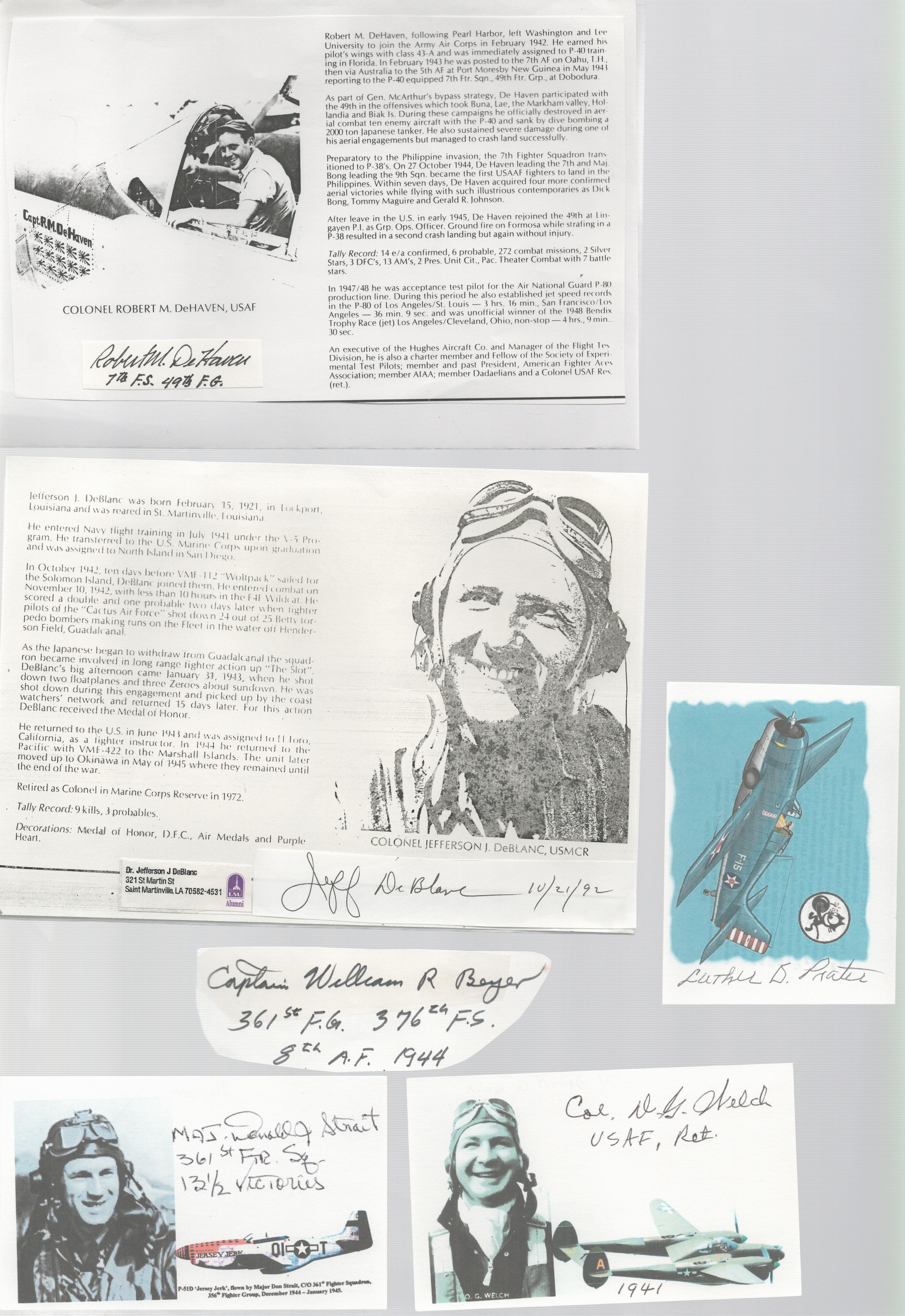 WW2 US Fighter aces collection of ten signed biographies, cards, pieces. Autographs including Capt