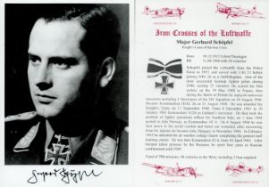 WW2 Luftwaffe fighter ace Mjr Gerhard Schopfel KC signed 7 x 5 inch b/w portrait photo with separate