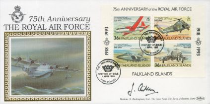 ACM Sir John Aiken signed lovely silk illustrated 75th ann Benham official FDC, Falkland Islands.