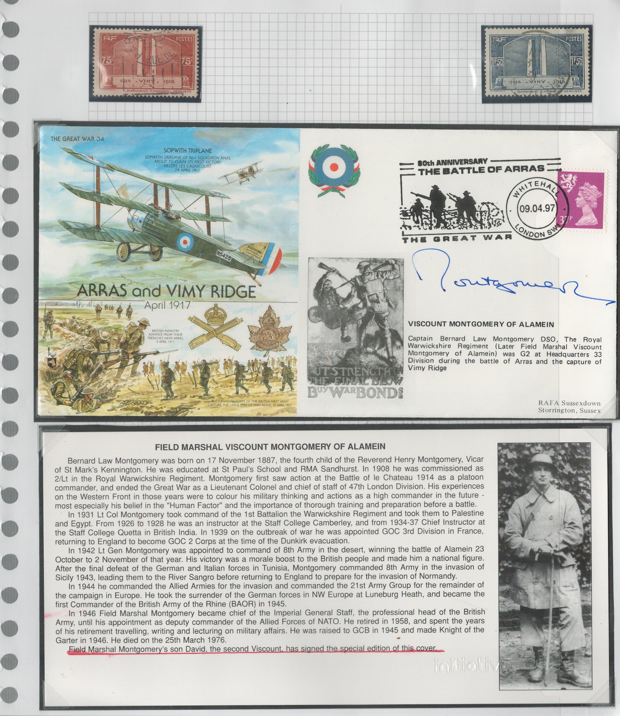 Viscount Montgomery (son of WW2 leader) signed 1997, Great War Arras and Vimy Ridge cover GW34.