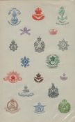Military regiment emblems on cream page, all in colour and raised, very attractive, inc Royal