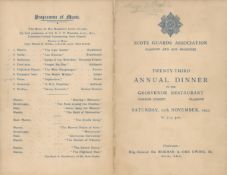 Army Scots Guards 1933 dinner menu for 23rd Annual Dinner helps and Grosvenor Restaurant
