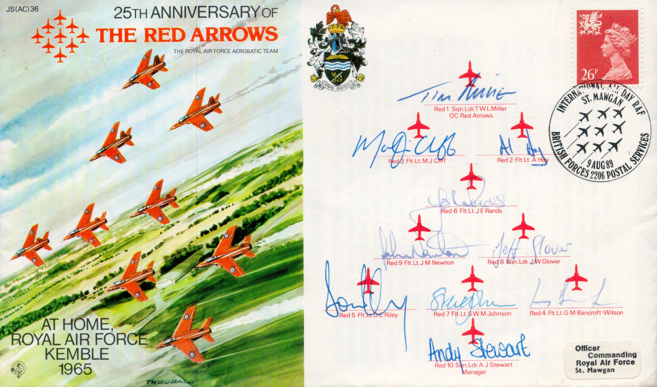 Red Arrows 1989 Team signed RAF Kemble cover 25th Ann. Signed by all nine pilots and team manager.