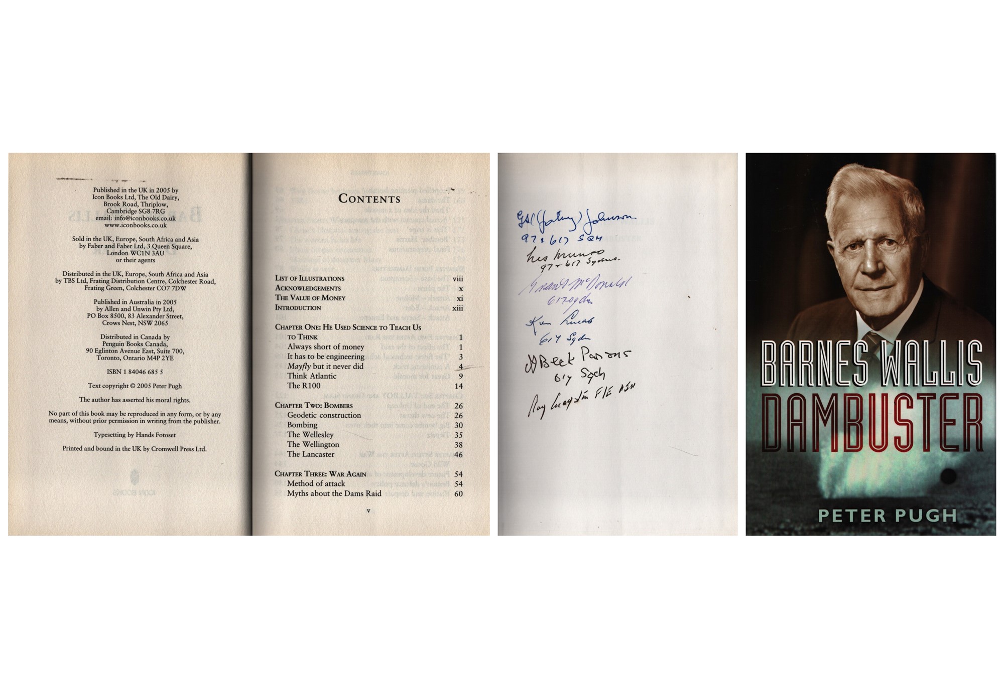 Six 617 WW2 Dambuster sqn veterans signed hardback book Barnes Wallis Dambuster by Peter Pugh.