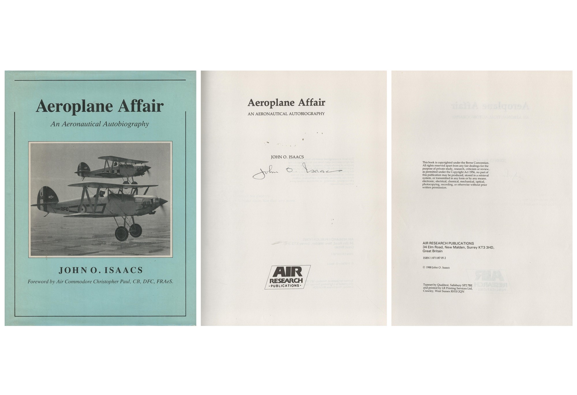 Aeroplane Affair 1988 hardback book signed by author John O Issacs to title page. First edition in