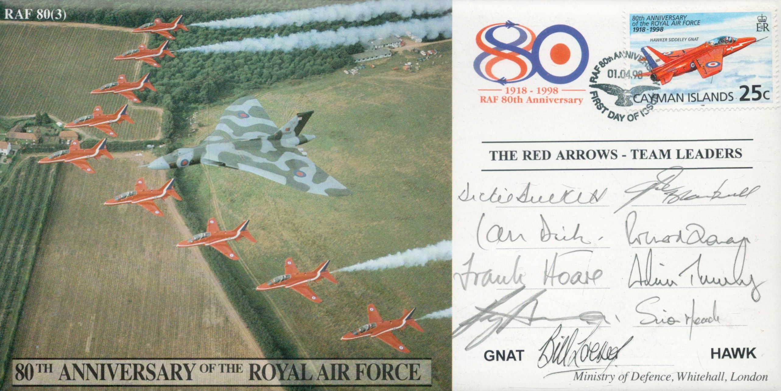 Red Arrows scarce 1998 Team signed cover comm. 80th ann RAF. Limited edition of only 200 flown by