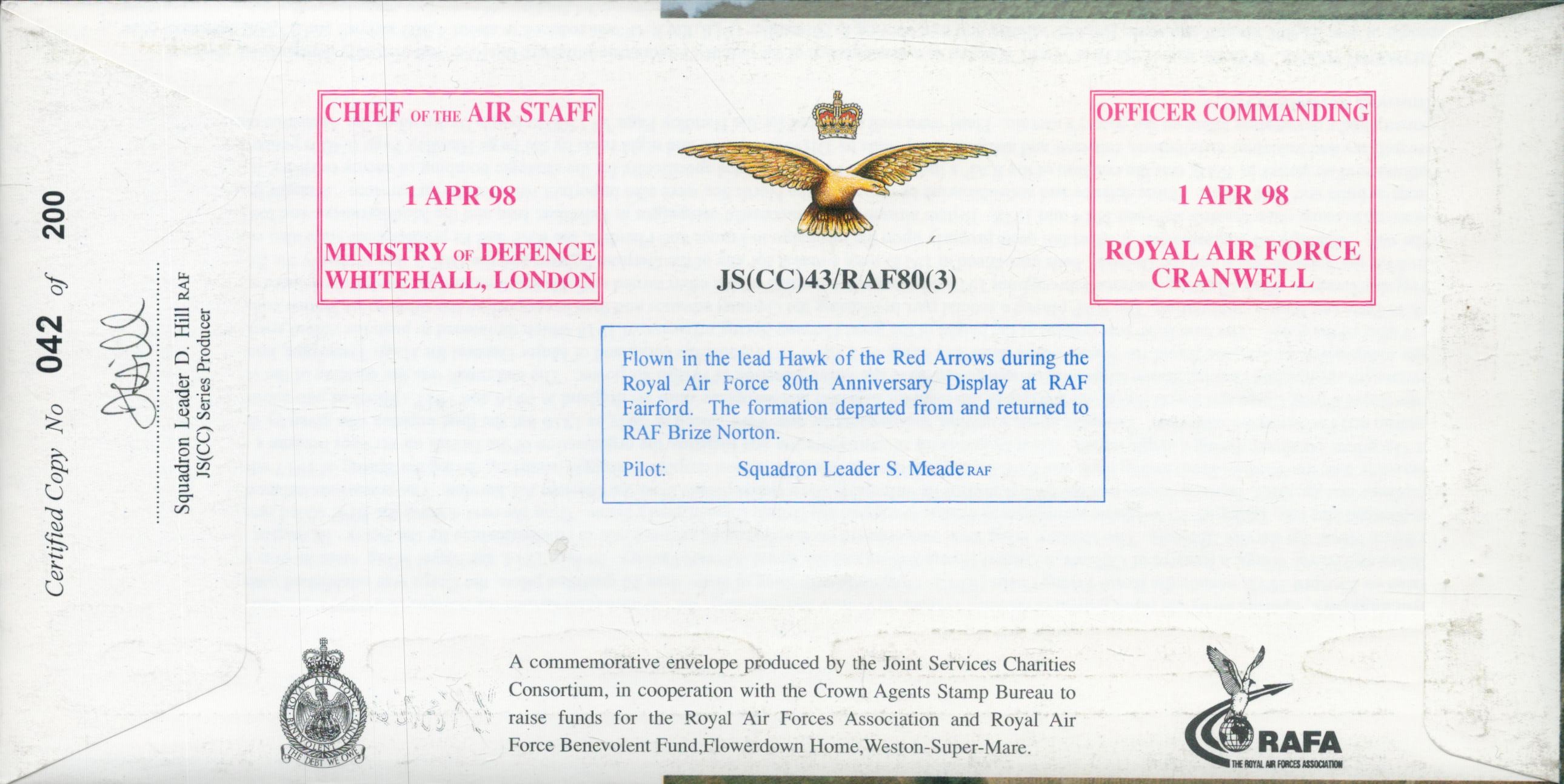 Red Arrows scarce 1998 Team signed cover comm. 80th ann RAF. Limited edition of only 200 flown by - Image 2 of 2