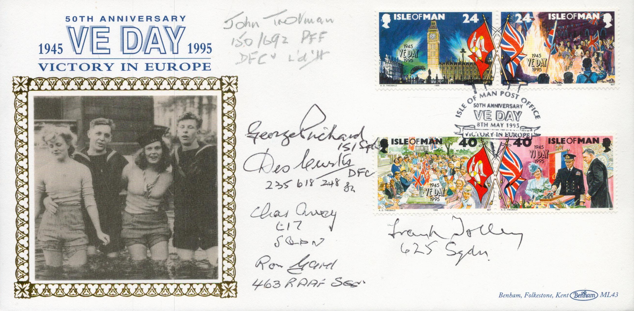 Six WW2 Bomber command veterans signed rare 1995, 50th ann VE Day Isle of Man Benham official FDC