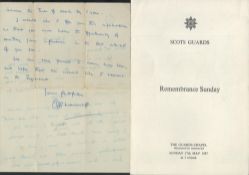 Scots Guards 1954 Letter to collector from Capt Moncrieff, plus 1987 Scots Guards Remembrance Sunday