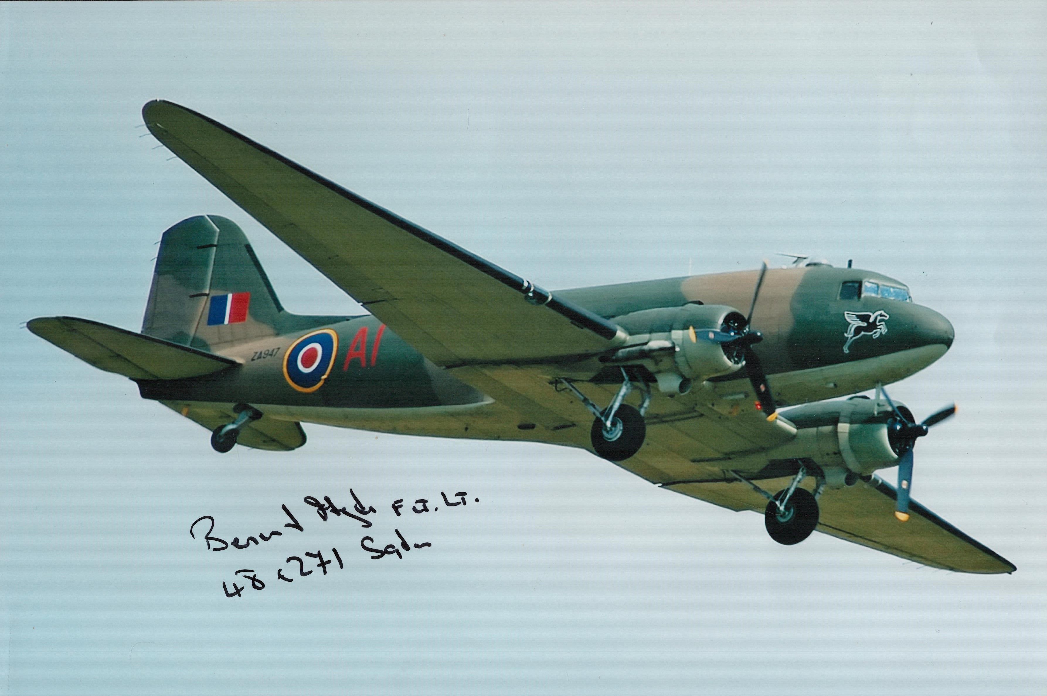 WW2 Arnhem Dakota veteran Bernard Hyde 48 sqn signed Dakota in flight colour 10 x 8 inch photo. He