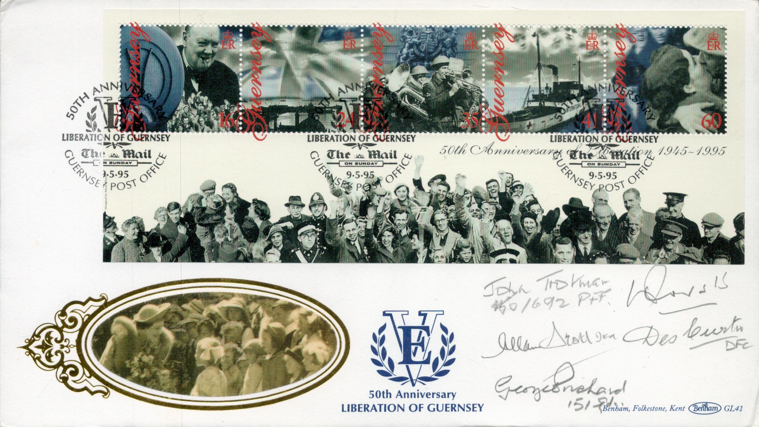 Five WW2 Bomber command veterans signed rare 1995, 50th ann Liberation of Guernsey Benham official