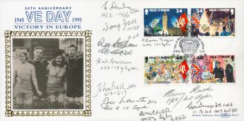 Ten WW2 Bomber command veterans signed rare 1995, 50th ann VE Day Isle of Man Benham official FDC