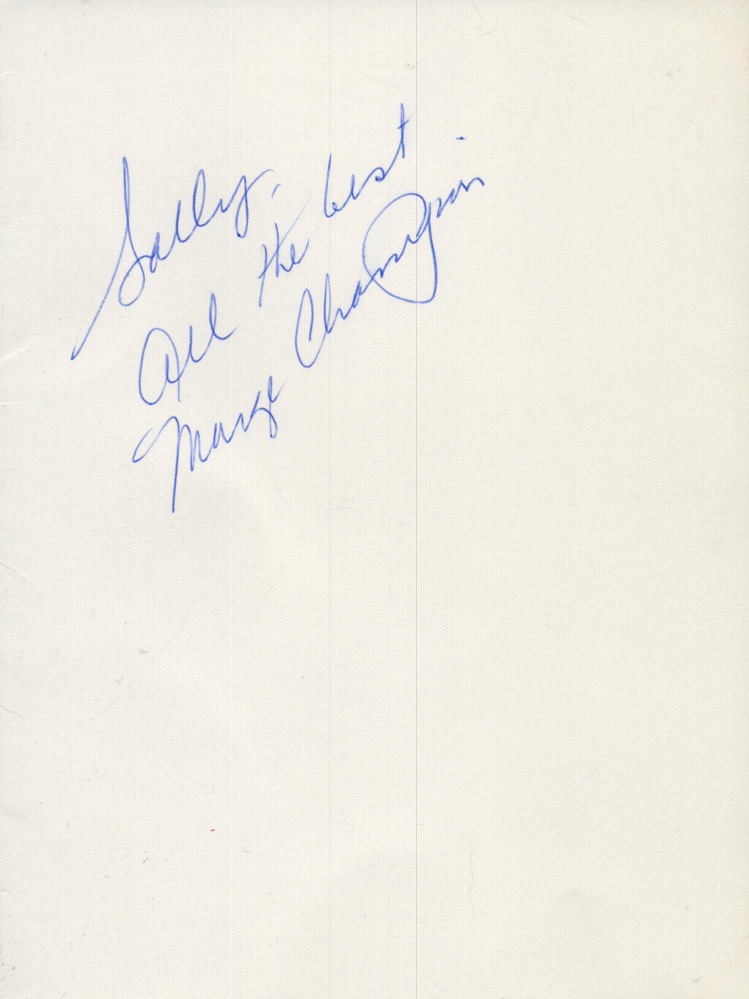 Marge Champion signed 7x5 inch white index card. Dedicated. Good condition. All autographs come with