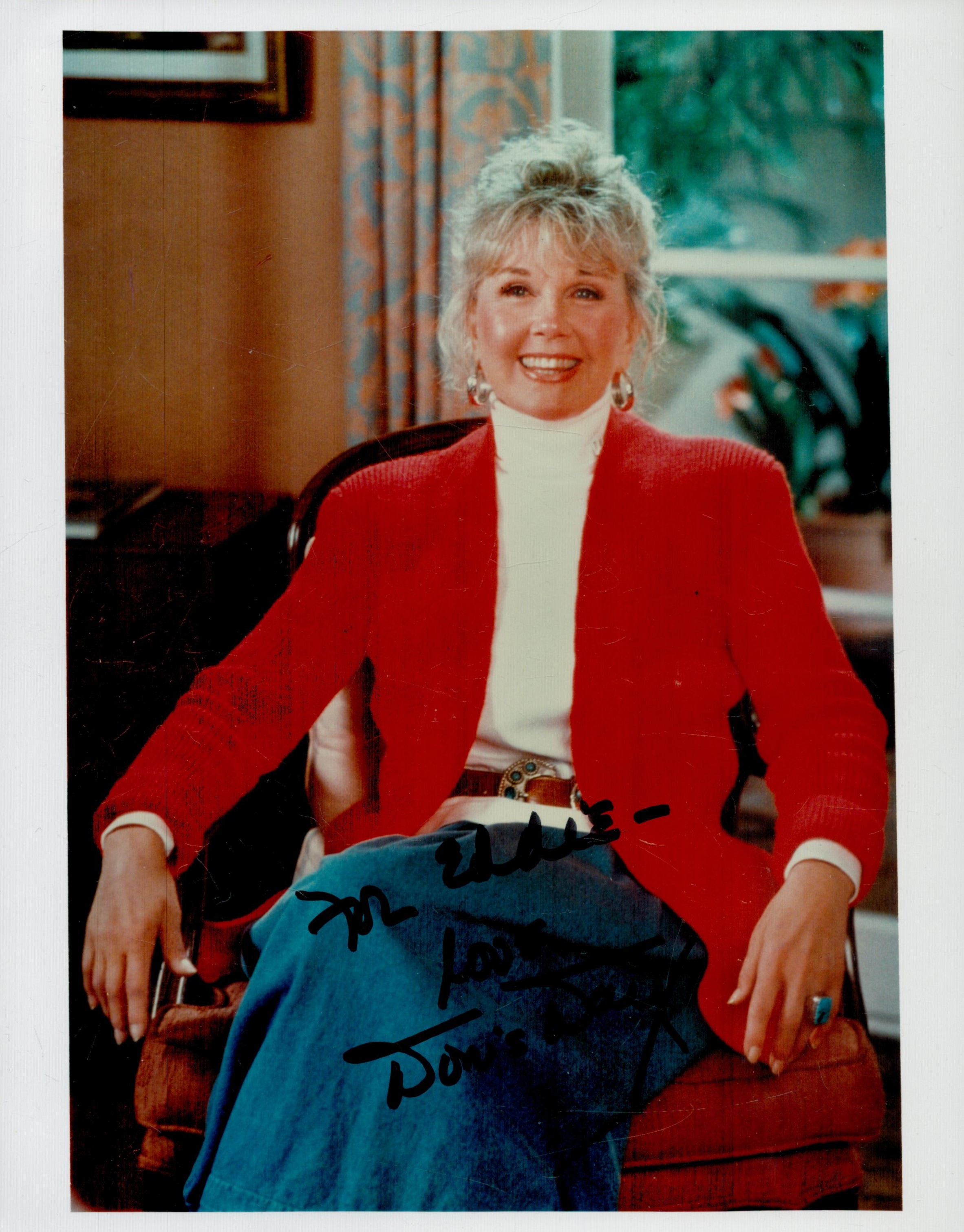 Doris Day signed 10x8 inch colour photo dedicated. Good condition. All autographs come with a