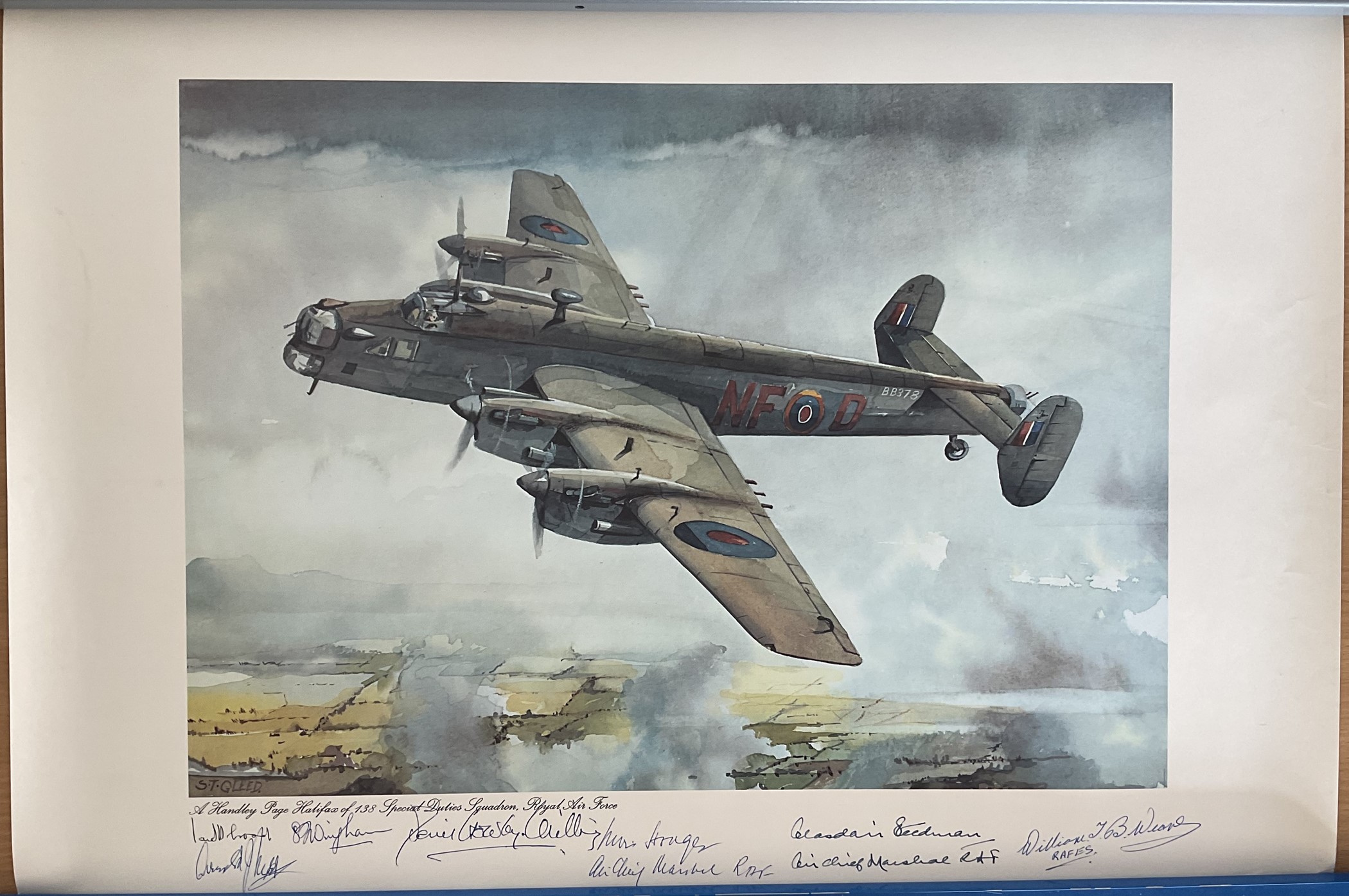 WWII 63cm x44cm Handley Page Halifax 138 Special duties squadron by S.T Glead multi signed print