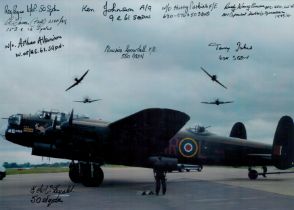 A Lancaster on the ground with four Fighters in the Air, Colour Photo Signed by 9 including Harry