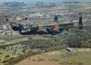 A Pair of Lancasters Flying past the Spire Memorial, Colour Photo Signed by 6 including Rusty