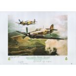 Angel's Hurricane and Spitfire print by Reg Payne. Signed by 3 including Mcdonald, Johnson and 1