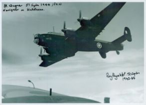 A solitary Lancaster in Flight pictured from underside by escort, Black and White Photo, Signed by 2