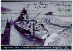 Slagskipet TIRPITZ forteyd bak torpedonettene I Kafjorden, Alta. Black and White Photo Signed by 2