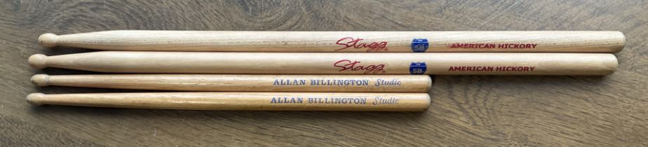 Drumsticks Two Pairs one set reads Allan Billington studio, measures 11 inches long approx 1/2