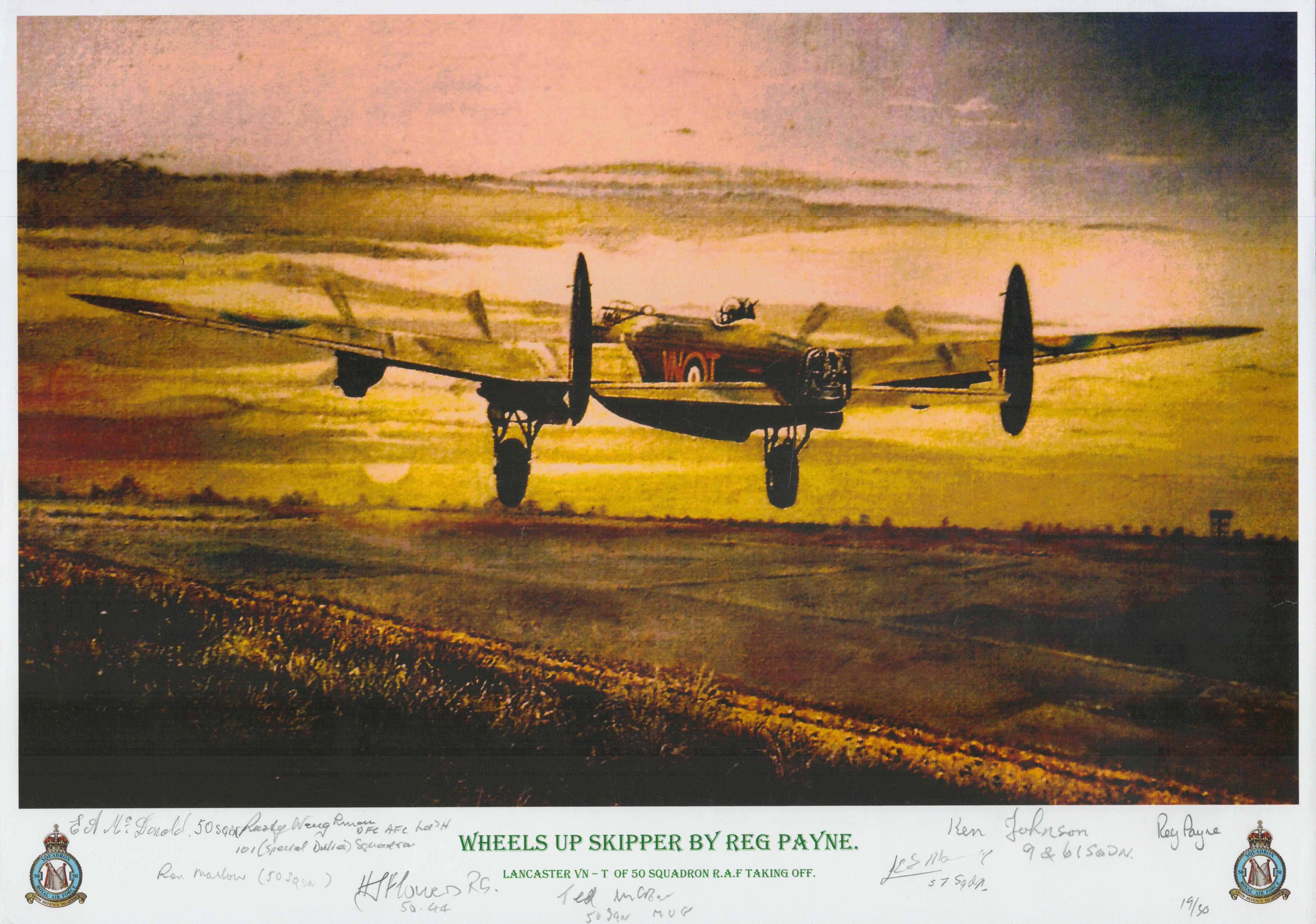 Wheels up skipper print by Reg Payne. Signed by 7 including Mcdonald, Marlow, Flowers, Johnson and 3