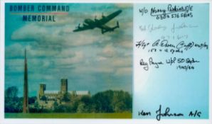 A Lancaster Flying over Bomber Command Memorial, Colour Photo Signed by 5 including Harry Parkins,