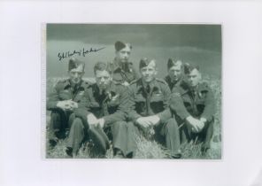 6 Aircrew sat on the Grass, Black and White Photo Signed by George Johnny Johnson, approx size 6 x 8